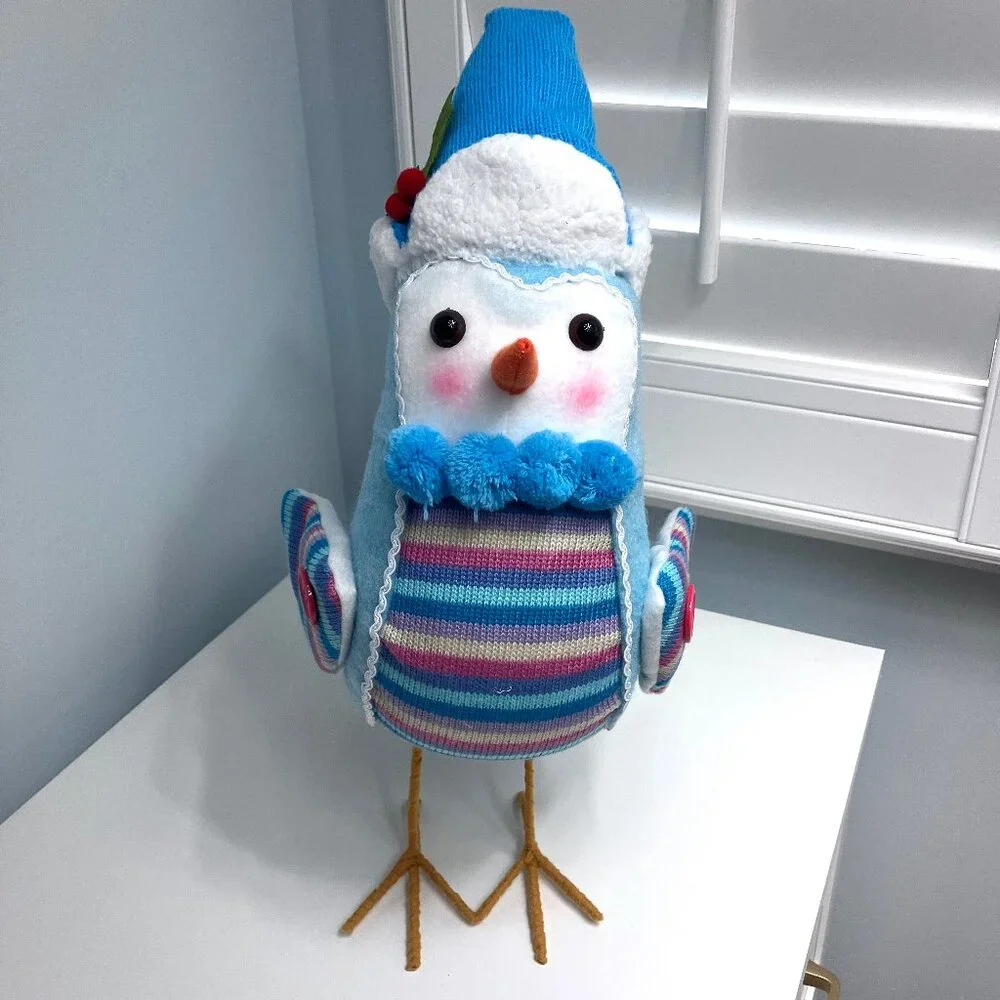 Christmas Big Fabric Bird Decor Holiday Winter Blue Sweater Hat Jumbo